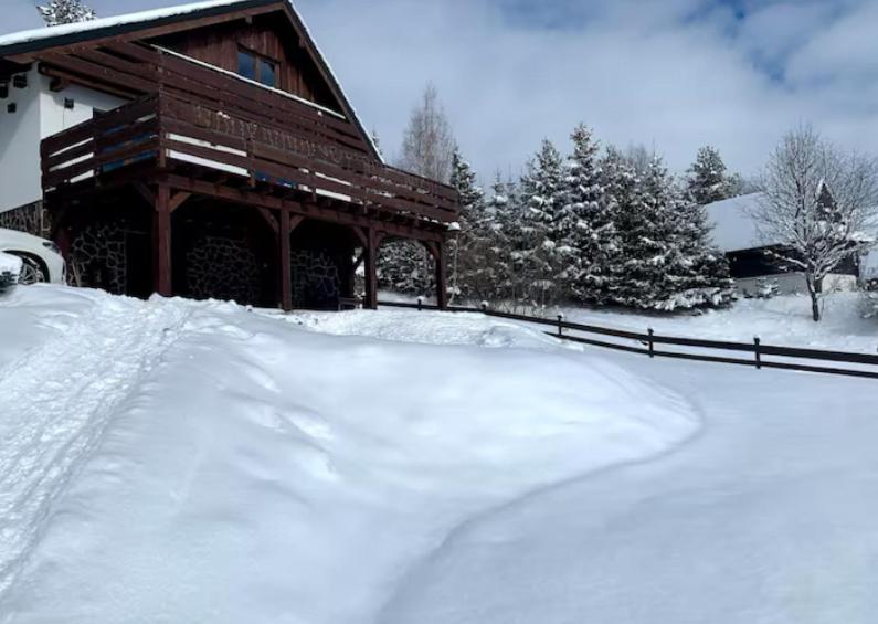 une pile de neige devant une cabine dans l'établissement Chata pod Grúňom, à Veľké Borové