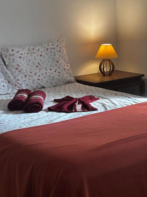 een bed met een rode deken en een lamp op een tafel bij Casa Valen com 2 quartos in Rio de Janeiro