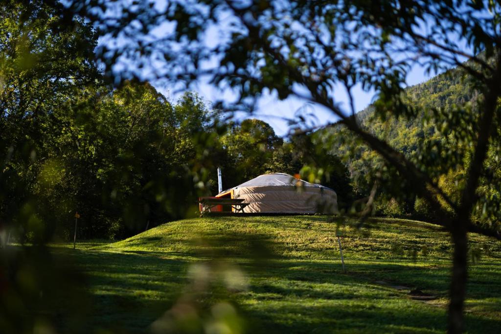 a tent sitting on top of a grass field at Yourtes Olachat proche Annecy in Faverges