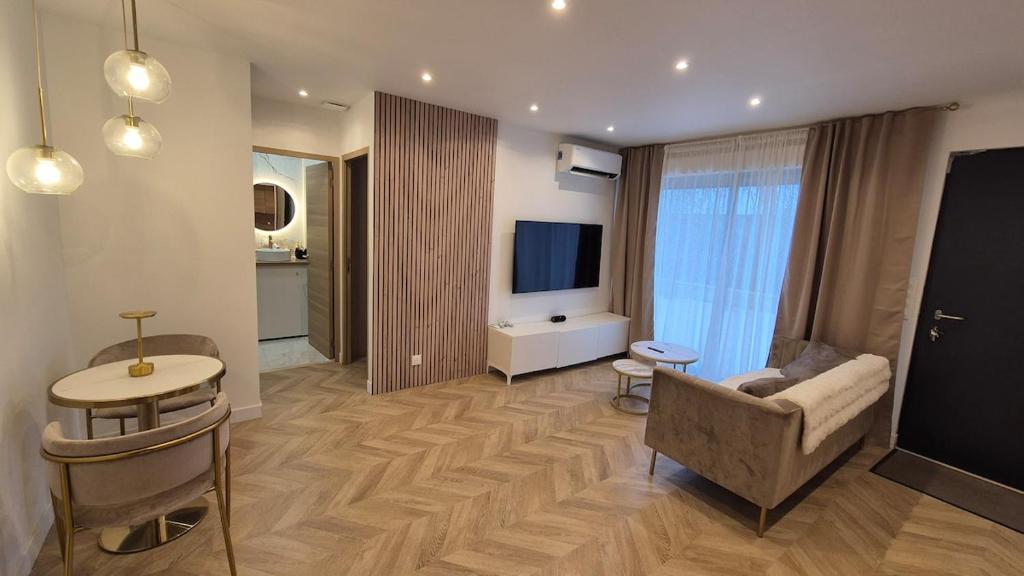 un salon avec un canapé et une télévision dans l'établissement L 'Écrin Cosy with Private Terrace, à Brétigny-sur-Orge