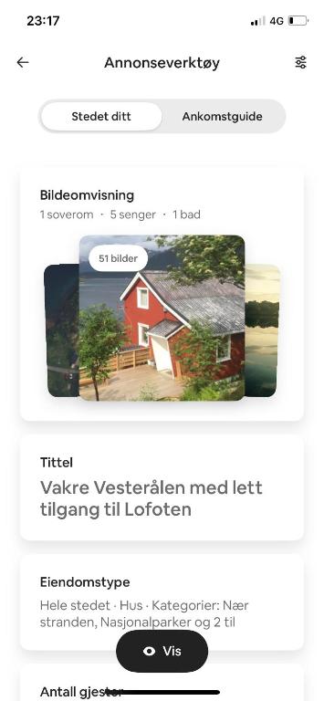 a screenshot of a webpage of a red barn at Hanøya- Vesterålen in Myrland