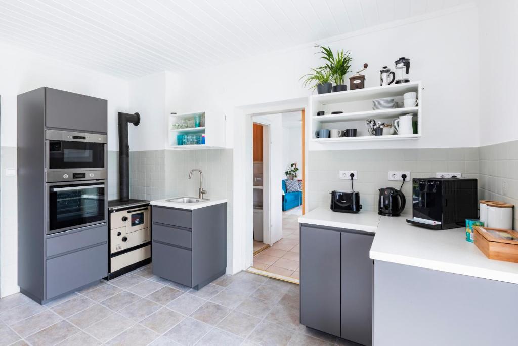 Kuchyň nebo kuchyňský kout v ubytování Gästehaus Drachennest