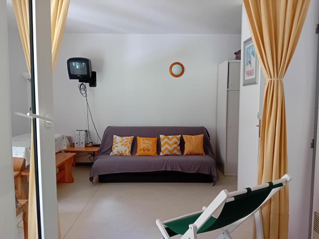 sala de estar con sofá y cama en una habitación en Sur le GR10 et autres sentiers à Aulus-les-Bains, en Aulus-les-Bains