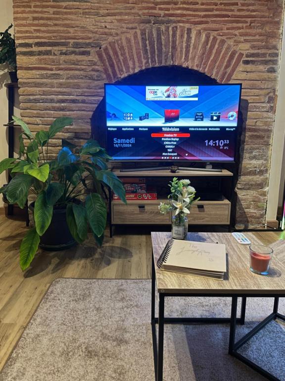 a living room with a tv and a coffee table at La Jungle Room in Troyes