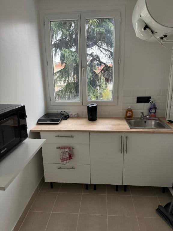 une cuisine avec un évier et deux fenêtres dans l'établissement Appartement H, RESIDENCE DU RENOUVEAU, Stade de France, idéal pour 2 pers, à Saint-Denis