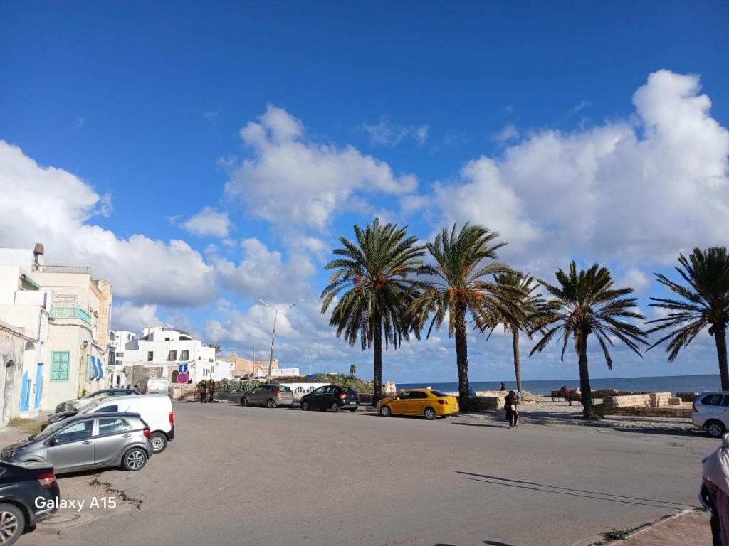 a parking lot with palm trees and the ocean at Dar El Mahdia by Daldoul in Mahdia