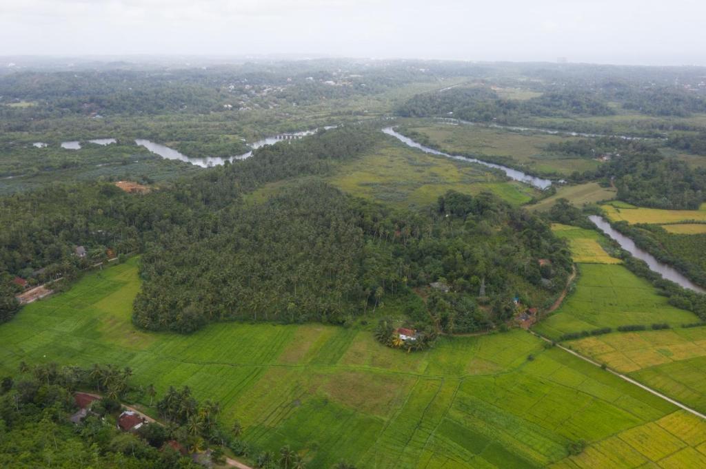 an aerial view of a field with trees and a river at Sirin Park Eco Tour in Horagampitiya