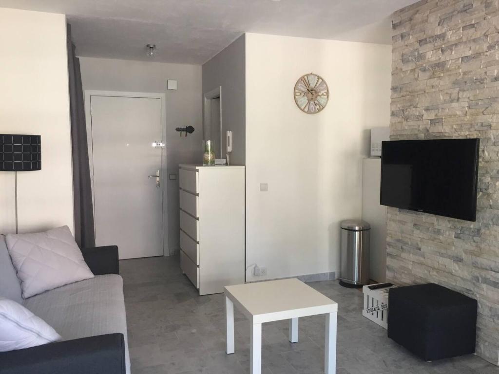 un salon avec un canapé et une télévision dans l'établissement Magnifique Studio cannes, à Cannes