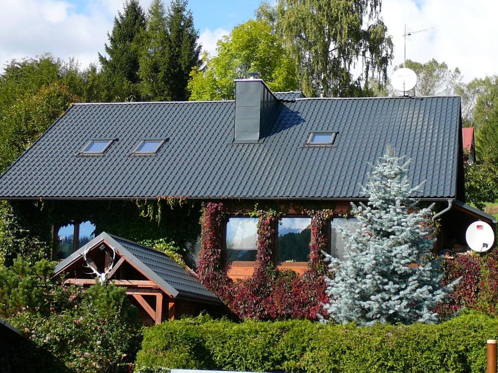 捷克布杰约维采Apartmány Hlava的前面有圣诞树的房子