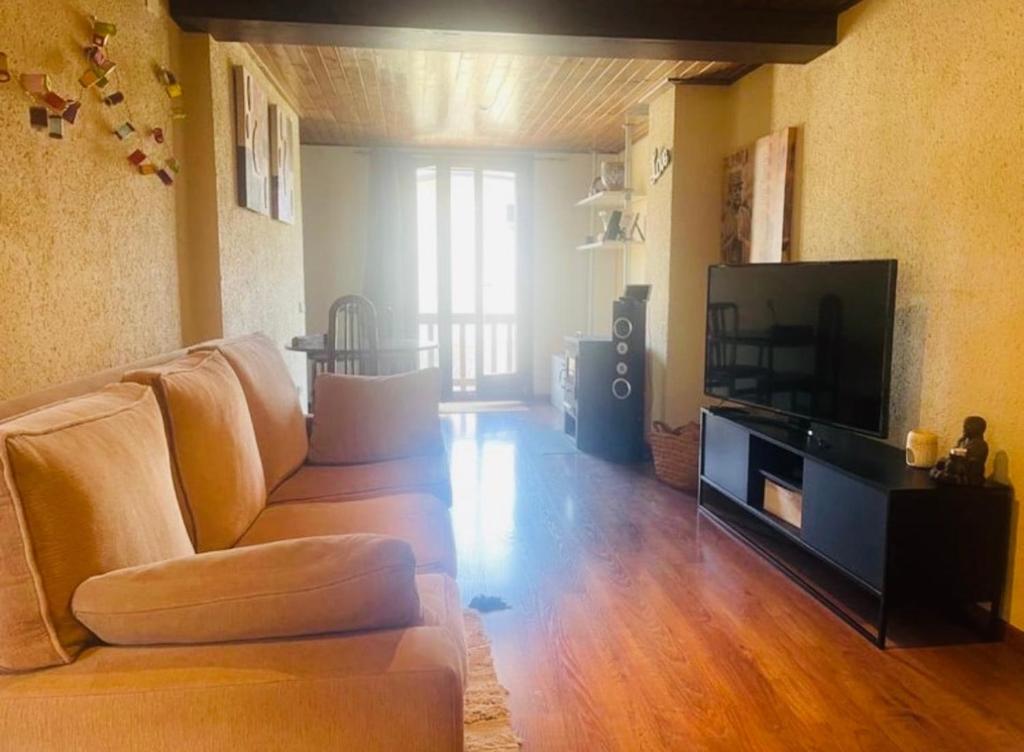 un salon avec un canapé et une télévision à écran plat dans l'établissement Apto Pirineos Osseja, à Palau-de-Cerdagne