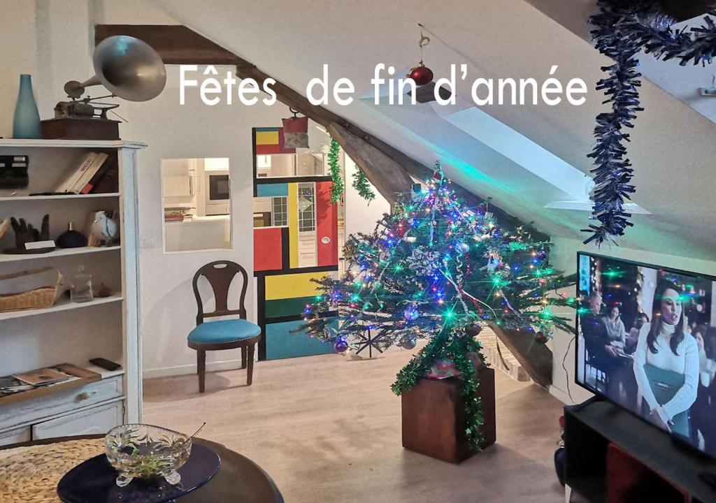 Atelier d'Art - vue panoramique في موريه-سور-لوينغ: غرفة معيشة مع شجرة عيد الميلاد وتلفزيون