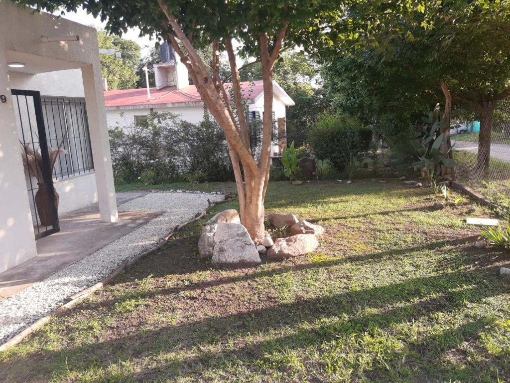 a tree in a yard with rocks next to a house at Casa Emilia Tanti in Tanti
