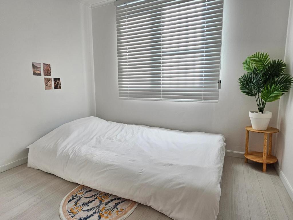 una camera bianca con un letto e una pianta di Palace outing a Suwon