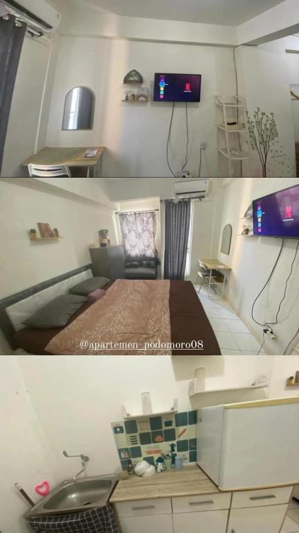 twee foto's van een kamer met een bed en een wastafel bij OharaROOM in Tjikuda Tiga