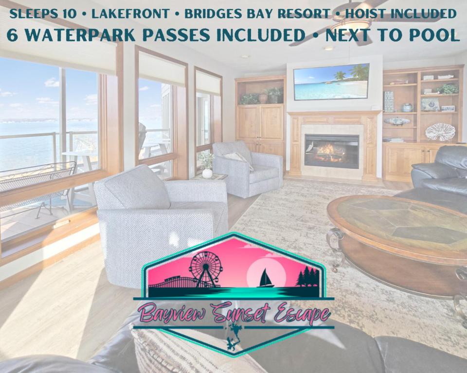 a rendering of a living room with a table at Bayview Sunset Escape at the Lake in Arnolds Park