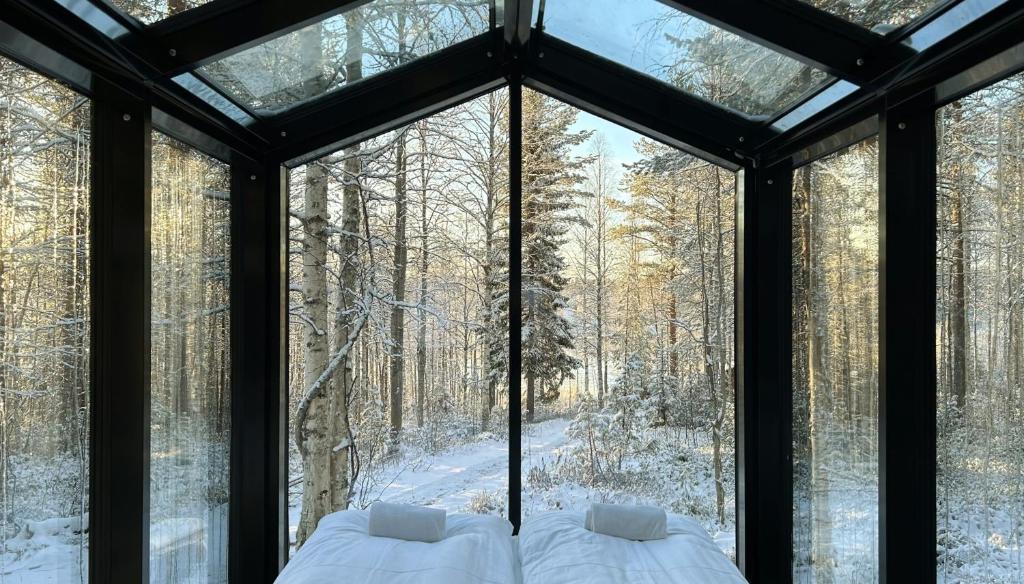 a bedroom with a large window in a snowy forest at Sky Lodging ~ sleeping under the stars in Rovaniemi
