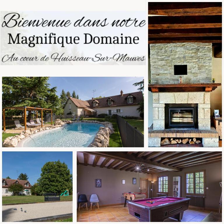 un collage de photos d'une maison et d'une piscine dans l'établissement Le Domaine de Baracas - Le Grand Gîte 4 étoiles - piscine-billard-baby-foot-cheminée - 14 personnes, à Huisseau-sur-Mauves