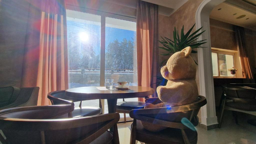 misia siedzącego na krześle w restauracji w obiekcie La Dora Mountain Resort w mieście Divčibare