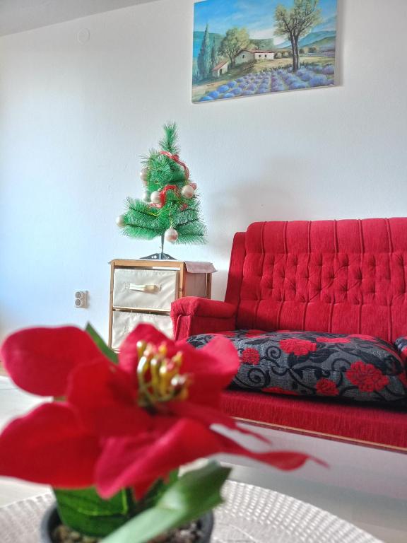 a living room with a red couch and a christmas tree at Kerkira Apartment Pale in Pale