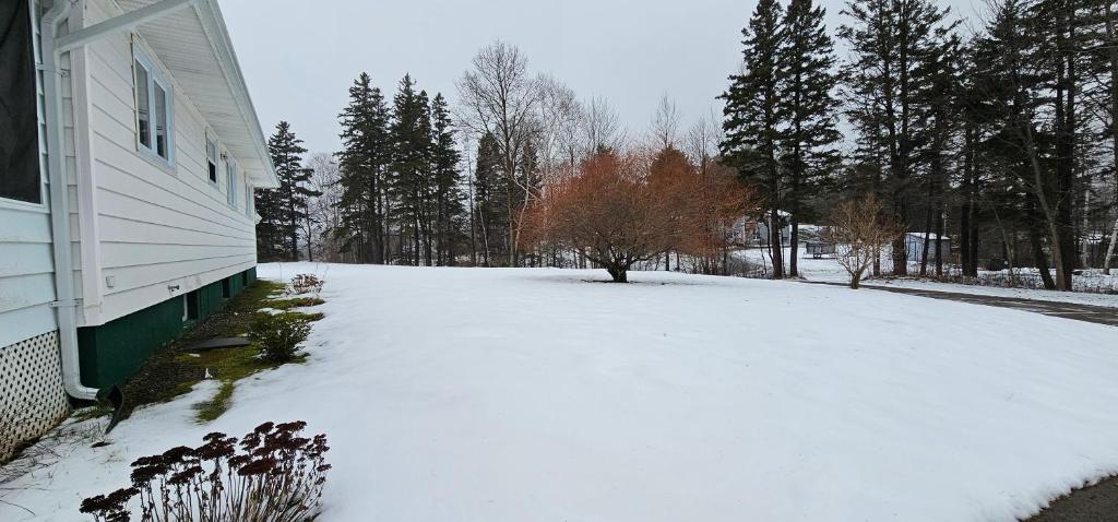 a yard covered in snow next to a house at Fair Isle Motel & The Nest in Whycocomagh