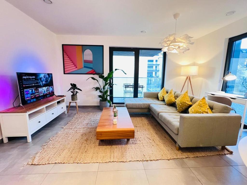 a living room with a couch and a tv at Lovely 1 bedroom apartment w balcony&parking-BON10 in Luxembourg