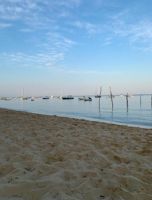 un groupe de bateaux dans l'eau avec une plage dans l'établissement Maison cap ferret proche des plages, à Lège-Cap-Ferret