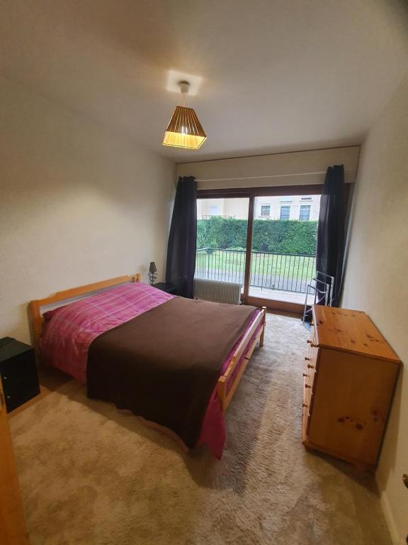 une chambre avec un lit et une grande fenêtre dans l'établissement F2 proche centre Thonon, à Thonon-les-Bains