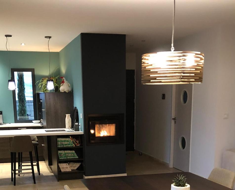 un salon avec cheminée et une cuisine dans l'établissement Ecological wooden house Saint Remy de Provence, à Saint-Rémy-de-Provence