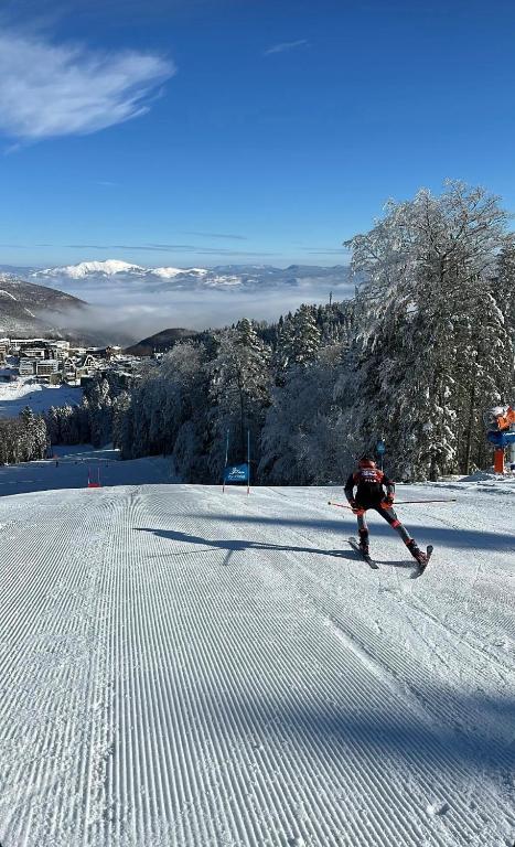 a person is skiing down a snow covered slope at Apartment Aurora in Bjelašnica