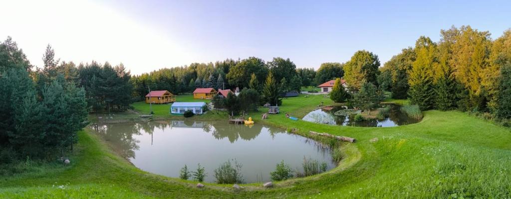 an aerial view of a pond in a park at Sodyba 15 Ąžuolų Svečių namai 2 in Triušiai