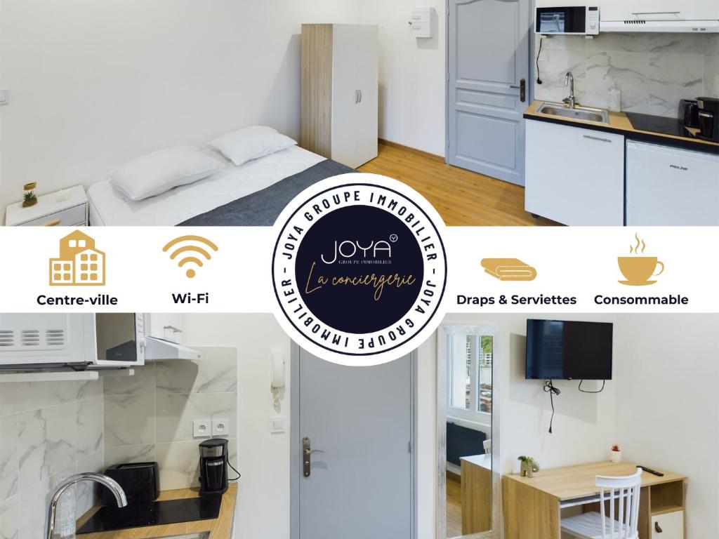 un collage de photos d'une cuisine et d'une chambre dans l'établissement Le Ptit Troyen, à Troyes