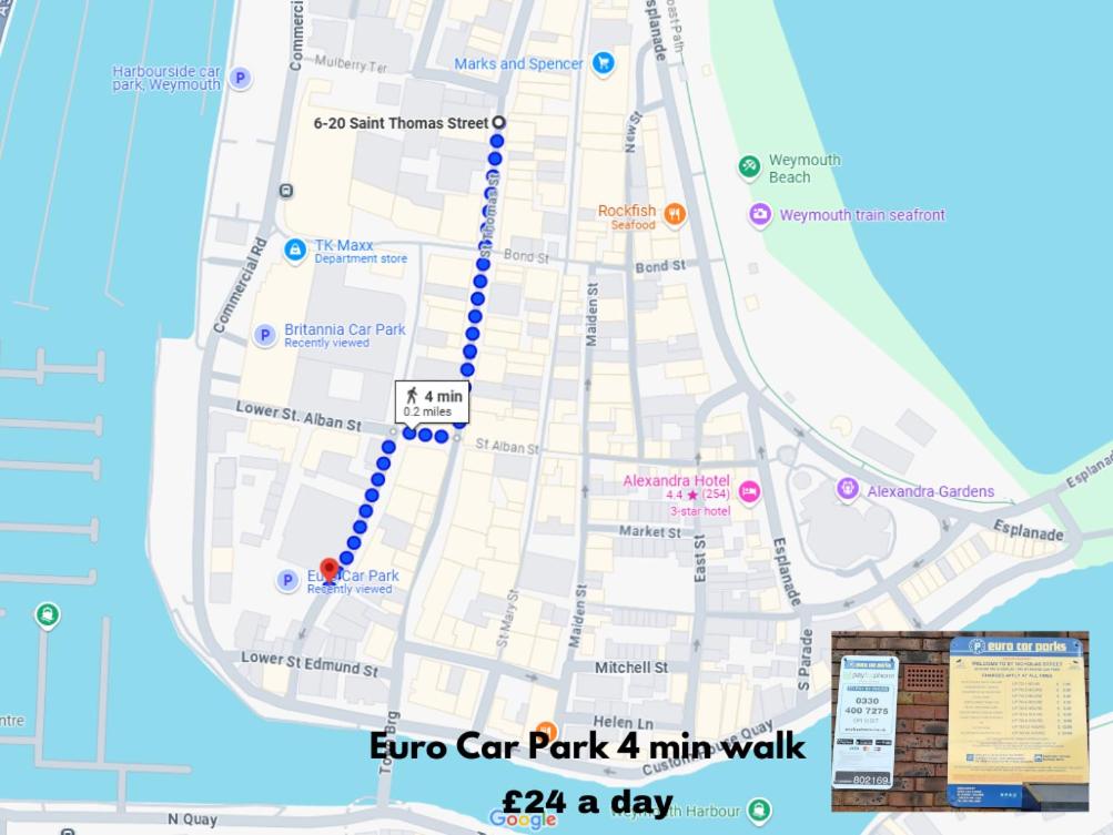 eine Karte des zentralen Parkplatzes min walk in der Unterkunft Casa De Niveles Near Beach Local Comfort in Weymouth