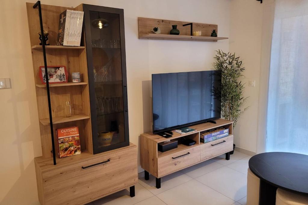 un salon avec une télévision sur un centre de divertissement en bois dans l'établissement New apartment next to the Briançon slopes, à Briançon
