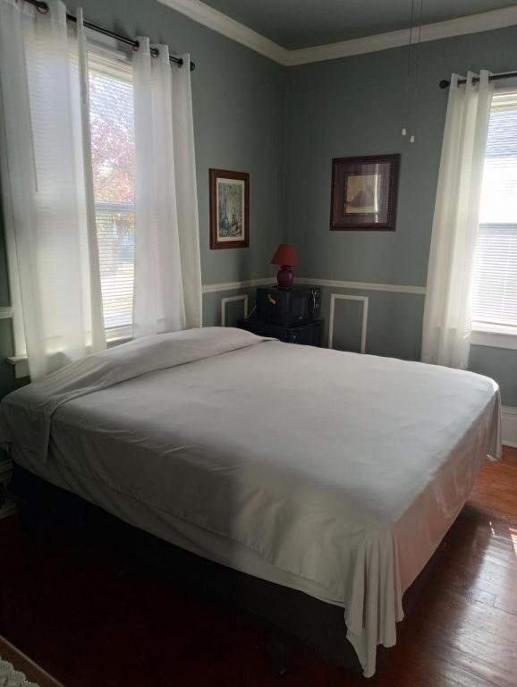 a large white bed in a bedroom with windows at Angies in the Heights in Houston