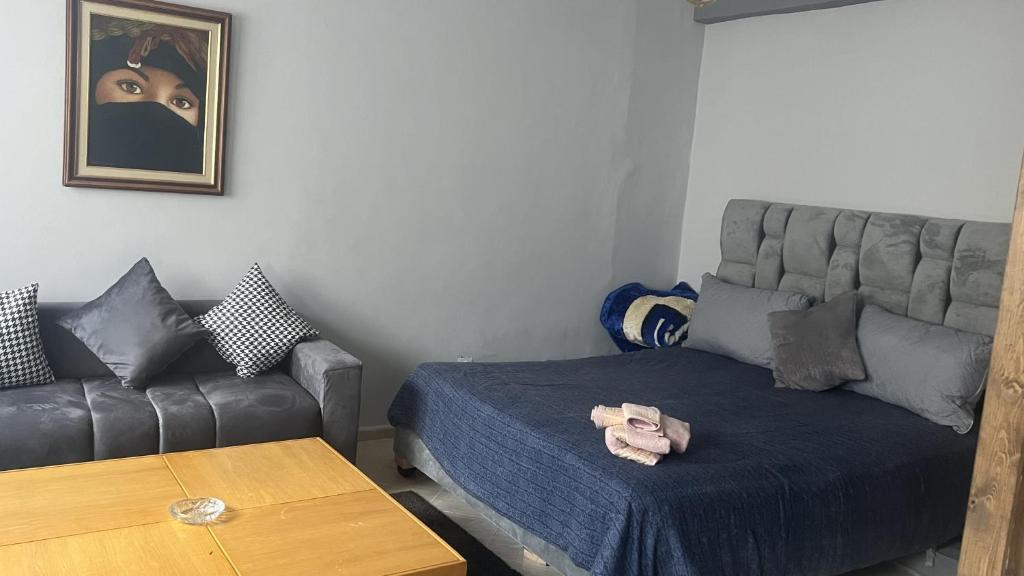 ein Wohnzimmer mit einem Sofa und einer blauen Decke in der Unterkunft Studio en plein centre de Hassan Rabat in Rabat