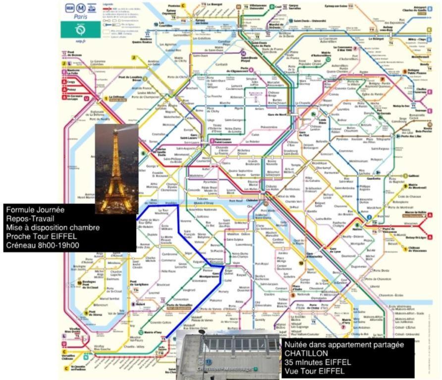 une carte du métro avec la tour eiffel sur elle dans l'établissement Dayroom Espace Paris sans nuitée et Chambre partagée Chatillon nuitée -- Repos journée ou Espace Travail 8-19h Proche Tour Eiffel ou Usage bureau à l'heure en journée -- Nuitée Chatillon Avenue Paris, à Paris