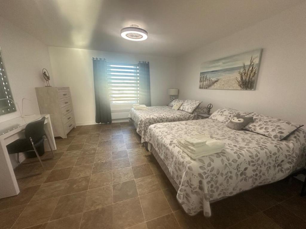 ein Schlafzimmer mit einem Bett, einer Couch und einem Schreibtisch in der Unterkunft 20 Minutes de Montréal, 1 chambre et 2 lits pour maximum 4 personnes in Pointe-Calumet