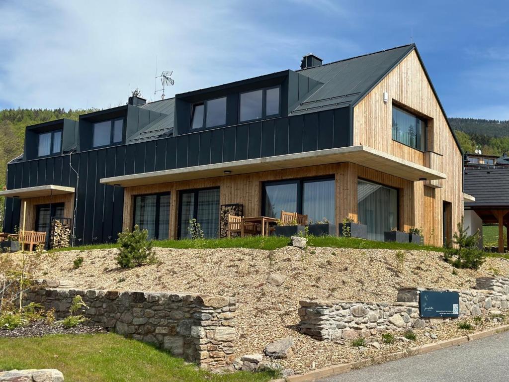 a house with a black roof on top of a hill at Apartment in Cerny Dul near Ski Resort in Cerny Dul