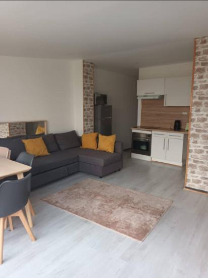 un salon avec un canapé et une cuisine dans l'établissement Appart no2 motte T3 Secure Parking, à Tourcoing