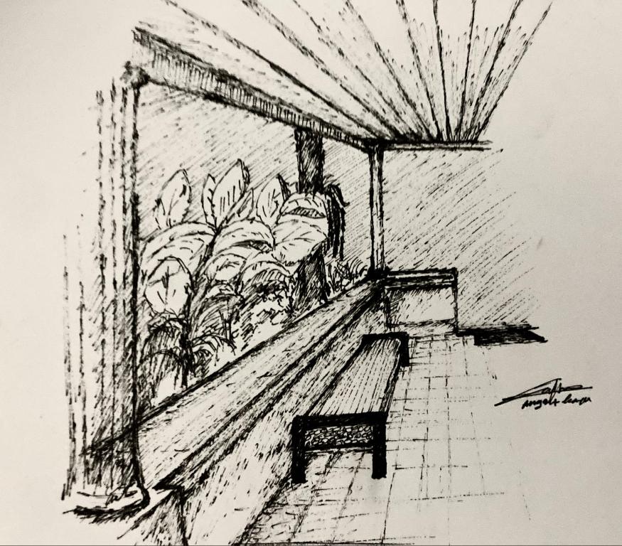 a drawing of a bench on a porch at The Patio Yogya in Yogyakarta