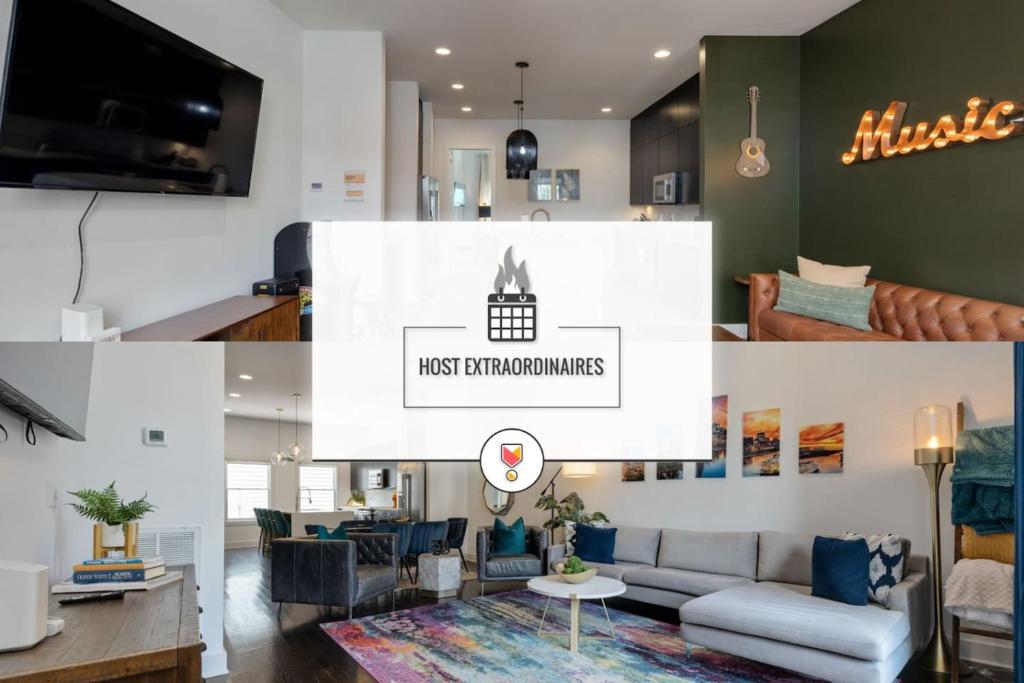 eine Collage mit Fotos von einem Wohnzimmer und einer Küche in der Unterkunft LUXURY DOUBLE TOWNHOMES with TWO HUGE SKY ROOFTOPS in Nashville