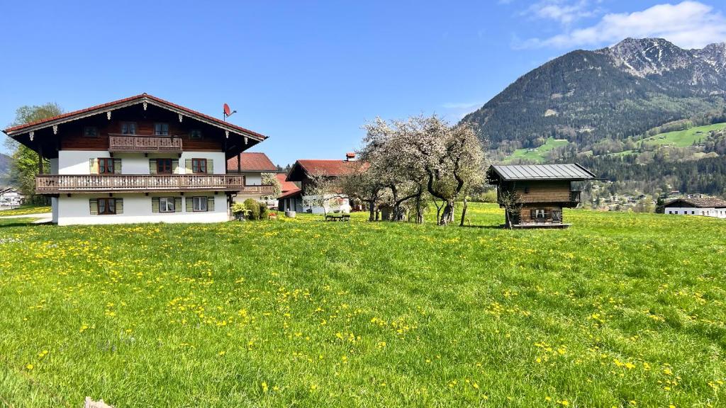 a house in a field of grass with mountains in the background at Gästehaus Binderlehen in Schönau am Königssee