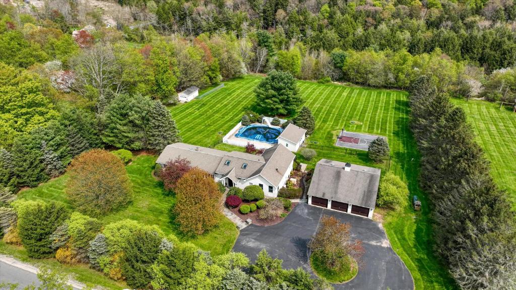 an aerial view of a house with a yard at Escape to the Catskills in Liberty