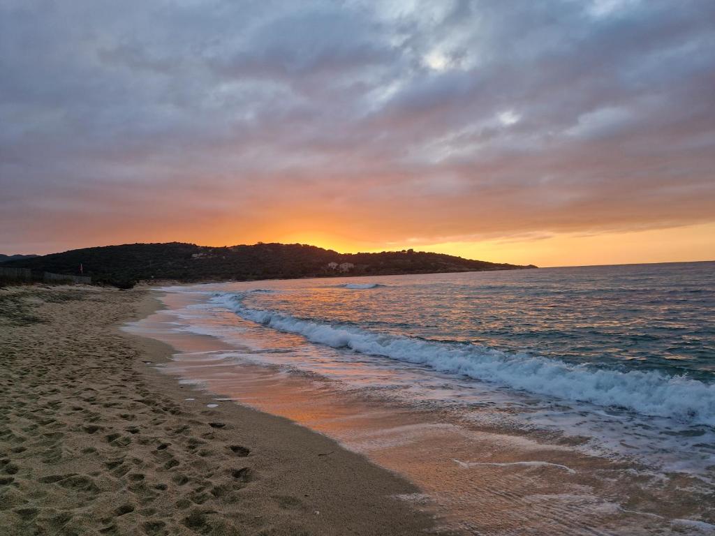 - une plage avec l'océan et le coucher du soleil en arrière-plan dans l'établissement Charmante Villa 4 pers piscine terrasse 600 m de la plage, à Belgodère