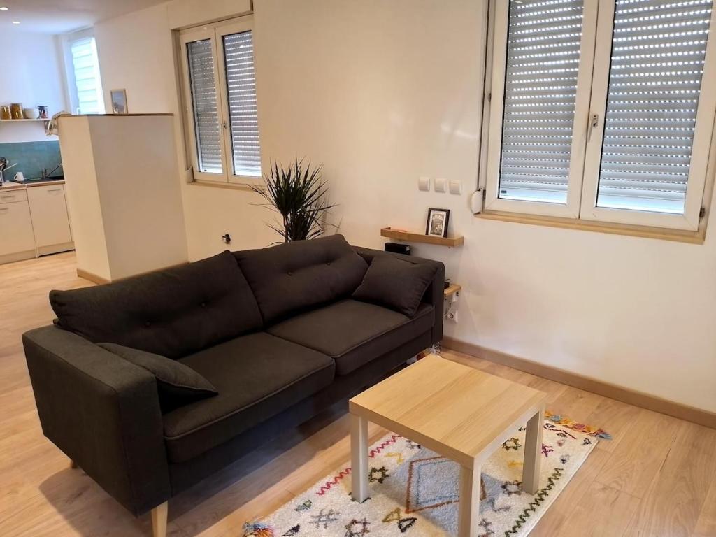 un salon avec un canapé noir et une table dans l'établissement Superbe appartement rénové à 250m des remparts, à Avignon