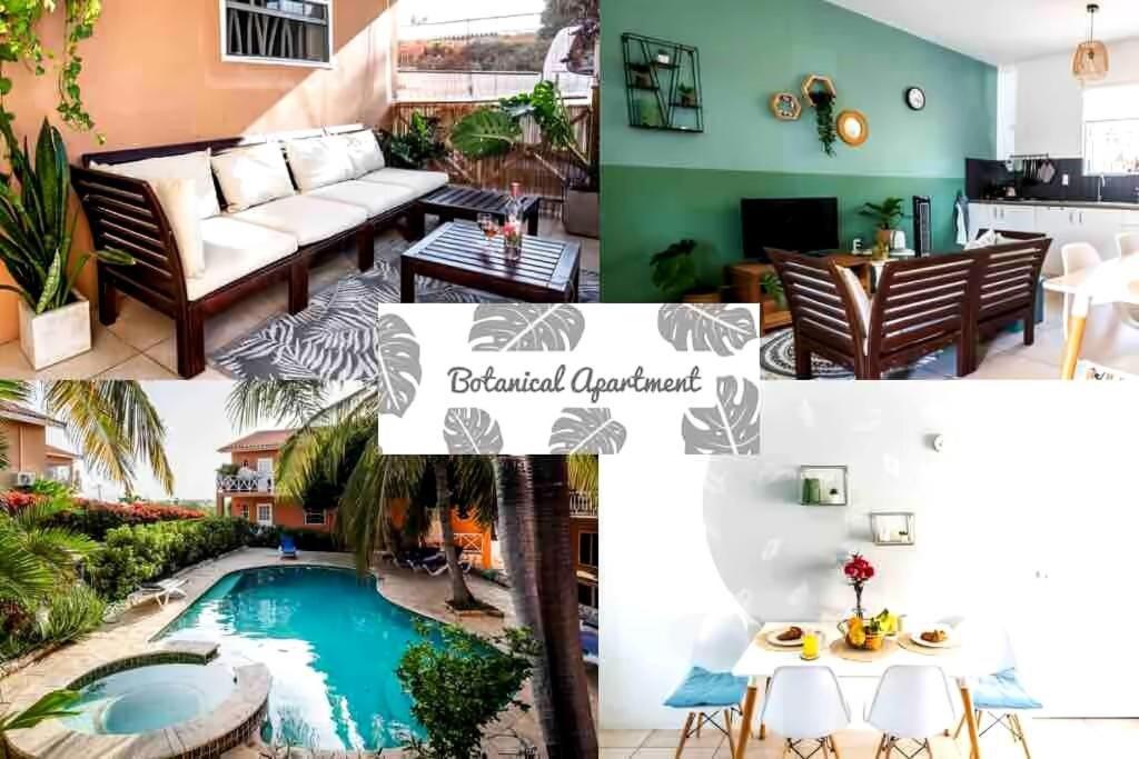 a collage of photos of a living room and a pool at Botanical Apartment Central Boho style 2 pools in Willemstad