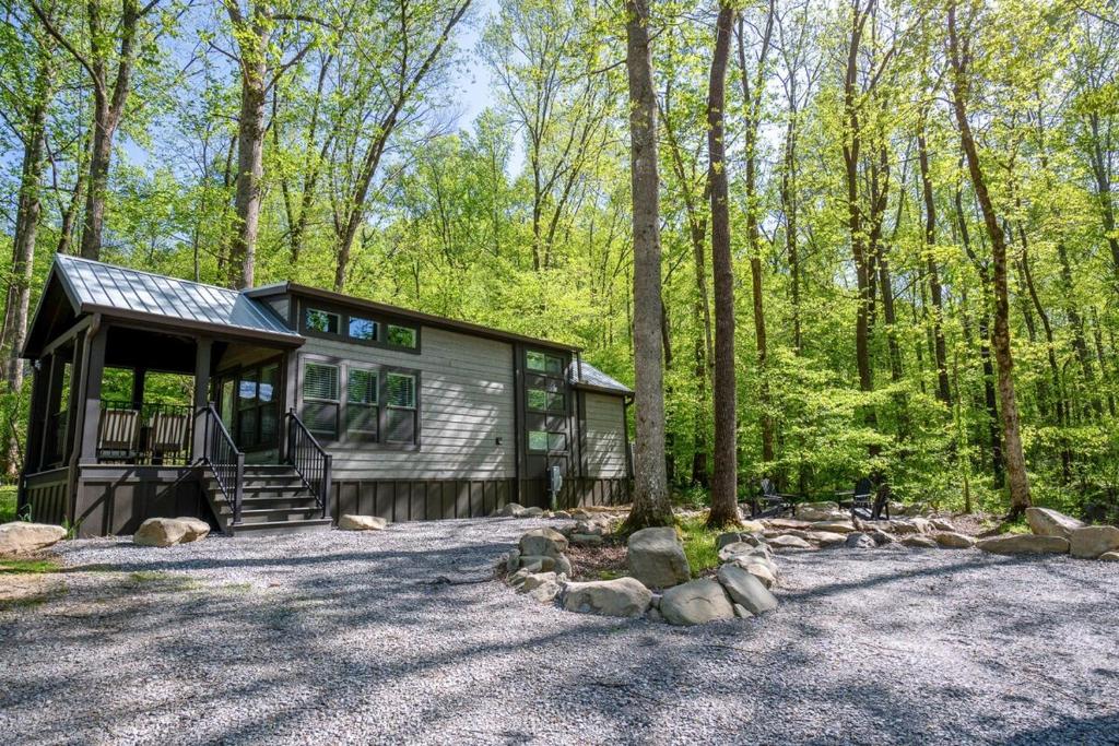 eine Hütte mitten im Wald in der Unterkunft Tiny home Fire Pit Fishing Pond BBQ Sage Cabin in Gatlinburg
