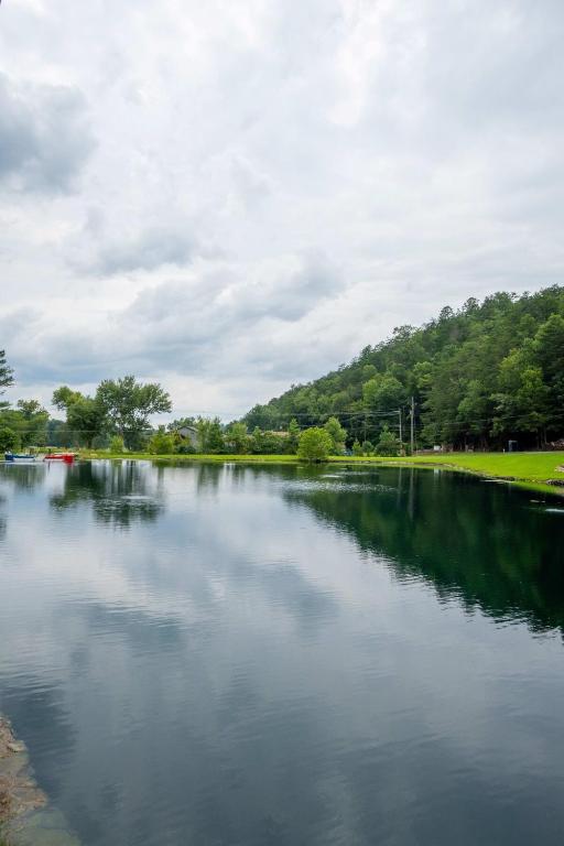 ein großes Gewässer mit Bäumen im Hintergrund in der Unterkunft Tiny home Fire Pit Fishing Pond BBQ Sage Cabin in Gatlinburg