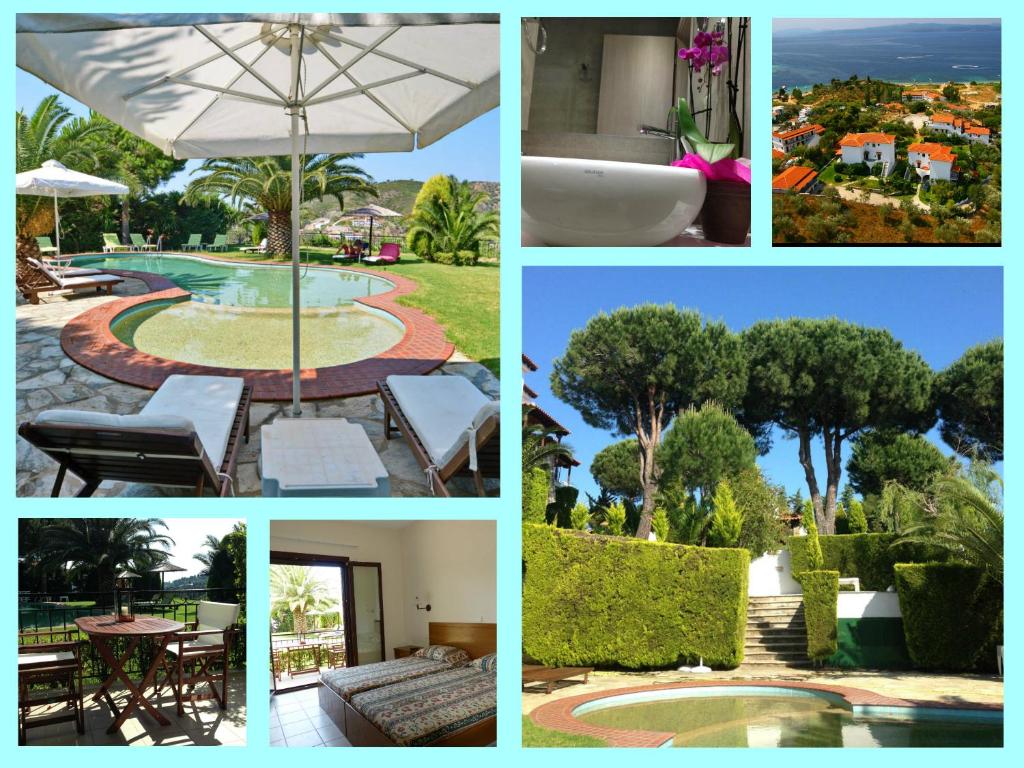eine Collage mit Bildern eines Resorts mit Pool in der Unterkunft Villa Xanthippi in Agia Paraskevi
