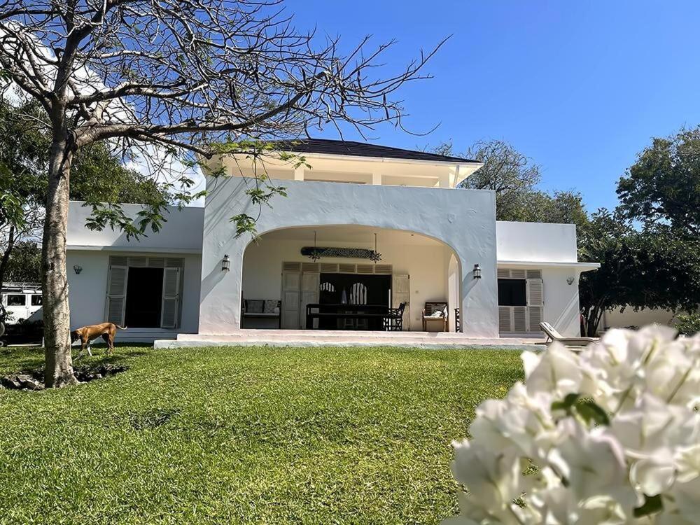 a white house with a dog standing in the yard at Villa Maridadi in Ukunda Airport